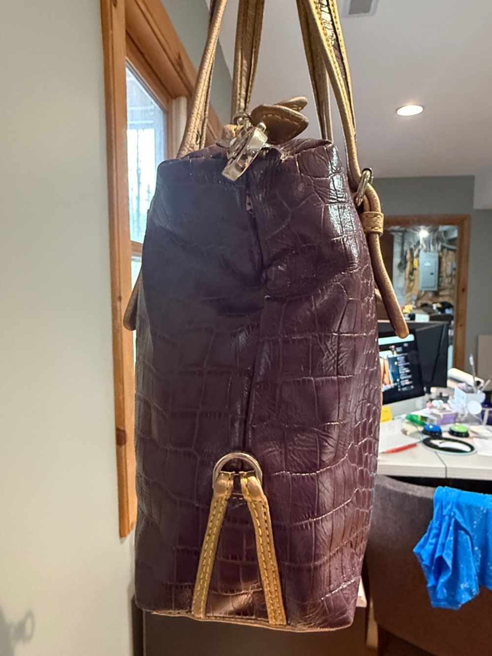 Sharif Purple Croc-Embossed Satchel with Gold Trim - Picture 5 of 16